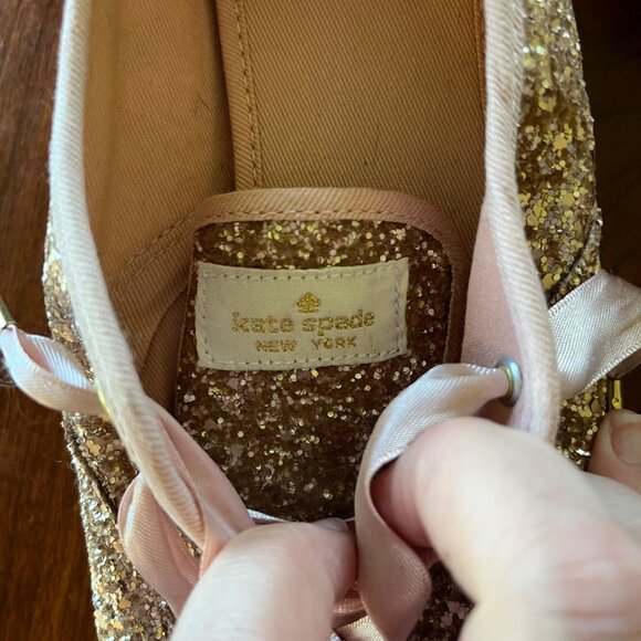 Kate Spade Keds Glitter Sneakers Womens Size 8 US Gold Sparkle With Pink Satin L - Picture 5 of 8